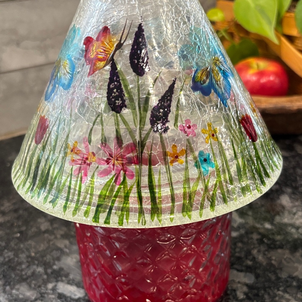 Hand-Painted Floral Glass Lamp Shade with Crackle Finish - Multicolor